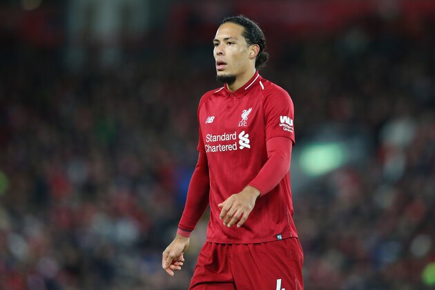 LIVERPOOL, ENGLAND - JANUARY 30:  Virgil van Dijk of Liverpool FC looks on during the Premier League match between Liverpool FC and Leicester City at Anfield on January 30, 2019 in Liverpool, United Kingdom.  (Photo by Alex Livesey - Danehouse/Getty Images)