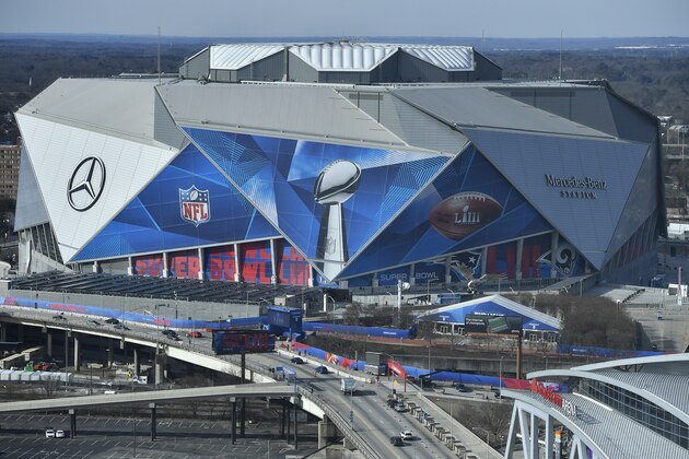 The Mercdes-Benz Stadium is seen ahead of the Super Bowl LIII, Wednesday, Jan. 30, 2019, in Atlanta. (AP Photo/Mike Stewart)