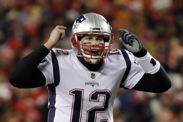 New England Patriots quarterback Tom Brady (12) signals from the line of scrimmage during the first quarter of the AFC Championship NFL football game against the Kansas City Chiefs, Sunday, Jan. 20, 2019, in Kansas City, Mo. (AP Photo/Elise Amendola) New England Patriots quarterback Tom Brady (12) signals from the line of scrimmage during the first quarter of the AFC Championship NFL football game against the Kansas City Chiefs, Sunday, Jan. 20, 2019, in Kansas City, Mo. (AP Photo/Elise Amendola)