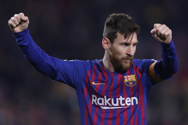 FC Barcelona's Lionel Messi celebrates after scoring during the Spanish La Liga soccer match between FC Barcelona and Leganes at the Camp Nou stadium in Barcelona, Spain, Sunday, Jan. 20, 2019. (AP Photo/Manu Fernandez)
