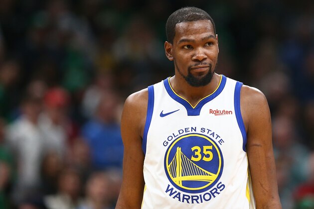 BOSTON, MA - JANUARY 26: Kevin Durant #35 of the Golden State Warriors looks on during a game against the Boston Celtics at TD Garden on January 26, 2019 in Boston, Massachusetts. NOTE TO USER: User expressly acknowledges and agrees that, by downloading and or using this photograph, User is consenting to the terms and conditions of the Getty Images License Agreement. (Photo by Adam Glanzman/Getty Images) BOSTON, MA - JANUARY 26: Kevin Durant #35 of the Golden State Warriors looks on during a game against the Boston Celtics at TD Garden on January 26, 2019 in Boston, Massachusetts. NOTE TO USER: User expressly acknowledges and agrees that, by downloading and or using this photograph, User is consenting to the terms and conditions of the Getty Images License Agreement. (Photo by Adam Glanzman/Getty Images)