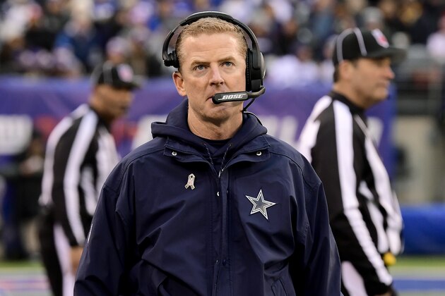 EAST RUTHERFORD, NEW JERSEY - DECEMBER 30:  Head coach Jason Garrett of the Dallas Cowboys looks on against the New York Giants at MetLife Stadium on December 30, 2018 in East Rutherford, New Jersey. (Photo by Steven Ryan/Getty Images)