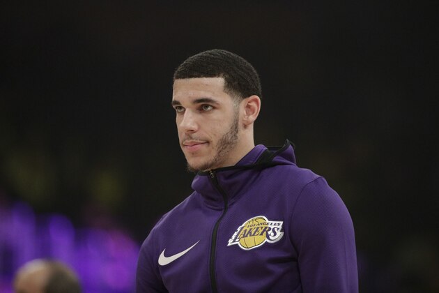 Los Angeles Lakers' Lonzo Ball warms up before an NBA basketball game against the New Orleans Pelicans, Friday, Dec. 21, 2018, in Los Angeles. (AP Photo/Jae C. Hong)