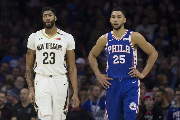 PHILADELPHIA, PA - NOVEMBER 21: Anthony Davis #23 of the New Orleans Pelicans and Ben Simmons #25 of the Philadelphia 76ers look on at the Wells Fargo Center on November 21, 2018 in Philadelphia, Pennsylvania. NOTE TO USER: User expressly acknowledges and agrees that, by downloading and or using this photograph, User is consenting to the terms and conditions of the Getty Images License Agreement. (Photo by Mitchell Leff/Getty Images)