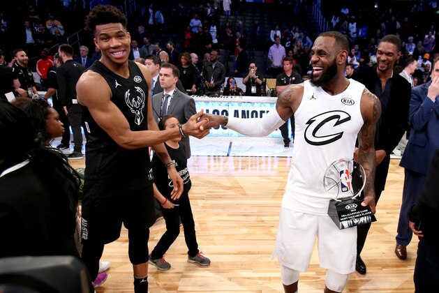 LOS ANGELES, CA - FEBRUARY 18:  LeBron James #23 of Team LeBron and Giannis Antetokounmpo #34 of Team Stephen after the NBA All-Star Game as a part of 2018 NBA All-Star Weekend at STAPLES Center on February 18, 2018 in Los Angeles, California. NOTE TO USER: User expressly acknowledges and agrees that, by downloading and/or using this photograph, user is consenting to the terms and conditions of the Getty Images License Agreement.  Mandatory Copyright Notice: Copyright 2018 NBAE (Photo by Nathaniel S. Butler/NBAE via Getty Images)