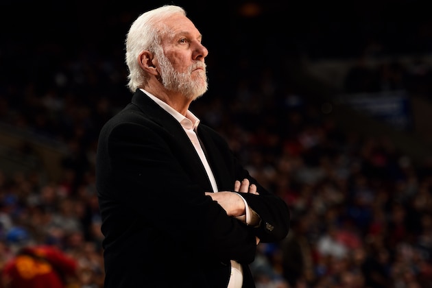 PHILADELPHIA, PA - JANUARY 23: Head Coach Gregg Popovich of the San Antonio Spurs stares on during the game against the Philadelphia 76ers on January 23, 2019 at the Wells Fargo Center in Philadelphia, Pennsylvania NOTE TO USER: User expressly acknowledges and agrees that, by downloading and/or using this Photograph, user is consenting to the terms and conditions of the Getty Images License Agreement. Mandatory Copyright Notice: Copyright 2019 NBAE (Photo by David Dow/NBAE via Getty Images)