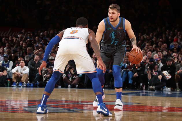 NEW YORK, NY - JANUARY 30:  Luka Doncic #77 of the Dallas Mavericks handles the ball against the New York Knicks on January 30, 2019 at Madison Square Garden in New York City, New York.  NOTE TO USER: User expressly acknowledges and agrees that, by downloading and or using this photograph, User is consenting to the terms and conditions of the Getty Images License Agreement. Mandatory Copyright Notice: Copyright 2019 NBAE  (Photo by Nathaniel S. Butler/NBAE via Getty Images)