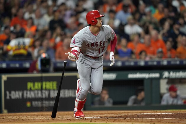 Los Angeles Angels' Shohei Ohtani (17) lines out against the Houston Astros during the fourth inning of a baseball game Friday, Sept. 21, 2018, in Houston. (AP Photo/David J. Phillip)