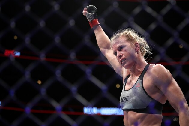 CHICAGO, IL - JUNE 09:  Holly Holm celebrates after her featherweight bout against Megan Anderson of Australia during the UFC 225: Whittaker v Romero 2 event at the United Center on June 9, 2018 in Chicago, Illinois. Holm won by unanimous decision. (Photo by Dylan Buell/Getty Images)