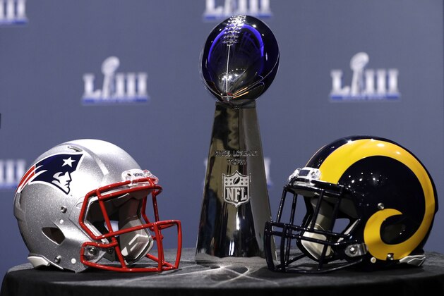 The Vince Lombardi Trophy is displayed before a news conference for the NFL Super Bowl 53 football game Wednesday, Jan. 30, 2019, in Atlanta. (AP Photo/David J. Phillip)