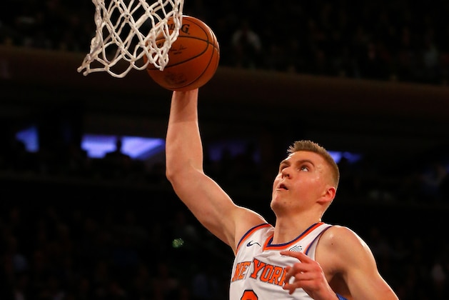 NEW YORK, NY - FEBRUARY 06:  (NEW YORK DAILIES OUT)    Kristaps Porzingis #6 of the New York Knicks in action against the Milwaukee Bucks at Madison Square Garden on February 6, 2018 in New York City. The Bucks defeated the Knicks 103-89. NOTE TO USER: User expressly acknowledges and agrees that, by downloading and/or using this Photograph, user is consenting to the terms and conditions of the Getty Images License Agreement.  (Photo by Jim McIsaac/Getty Images)