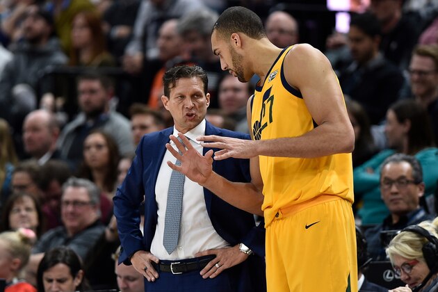 SALT LAKE CITY, UT - FEBRUARY 14: Head coach Quin Snyder of the Utah Jazz talks with his player Rudy Gobert #27 during a game against the Phoenix Suns at Vivint Smart Home Arena on February 14, 2018 in Salt Lake City, Utah. NOTE TO USER: User expressly acknowledges and agrees that, by downloading and or using this photograph, User is consenting to the terms and conditions of the Getty Images License Agreement. (Photo by Gene Sweeney Jr./Getty Images)