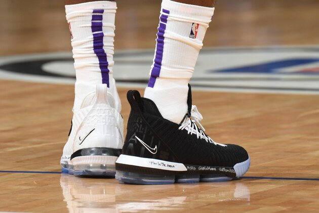 LOS ANGELES, CA - JANUARY 31: Sneakers worn by LeBron James #23 of the Los Angeles Lakers against the LA Clippers on January 31, 2019 at STAPLES Center in Los Angeles, California. NOTE TO USER: User expressly acknowledges and agrees that, by downloading and/or using this Photograph, user is consenting to the terms and conditions of the Getty Images License Agreement. Mandatory Copyright Notice: Copyright 2019 NBAE (Photo by Andrew D. Bernstein/NBAE via Getty Images)