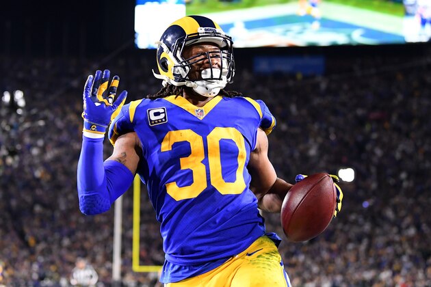 LOS ANGELES, CA - JANUARY 12:  Todd Gurley #30 of the Los Angeles Rams scores a 35 yard touchdown in the second quarter against the Dallas Cowboys in the NFC Divisional Playoff game at Los Angeles Memorial Coliseum on January 12, 2019 in Los Angeles, California.  (Photo by Harry How/Getty Images)