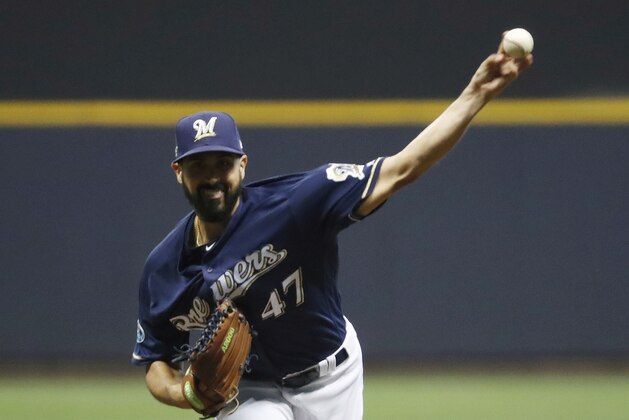 Milwaukee Brewers starting pitcher Gio Gonzalez (47) throws during the first inning of Game 1 of the National League Championship Series baseball game against the Los Angeles Dodgers Friday, Oct. 12, 2018, in Milwaukee. (AP Photo/Jeff Roberson)
