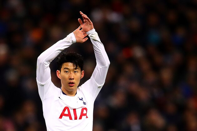LONDON, ENGLAND - JANUARY 30: Heung-Min Son of Tottenham Hotspur gestures during the Premier League match between Tottenham Hotspur and Watford FC at Wembley Stadium on January 30, 2019 in London, United Kingdom. (Photo by Chris Brunskill/Fantasista/Getty Images)
