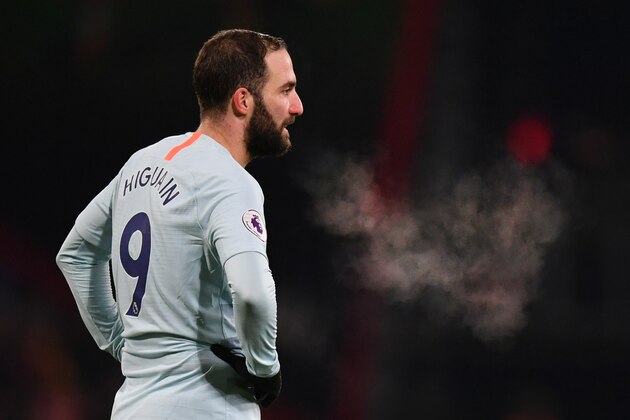 BOURNEMOUTH, ENGLAND - JANUARY 30:  Gonzalo Higuain of Chelsea looks on during the Premier League match between AFC Bournemouth and Chelsea FC at Vitality Stadium on January 29, 2019 in Bournemouth, United Kingdom.  (Photo by Dan Mullan/Getty Images)