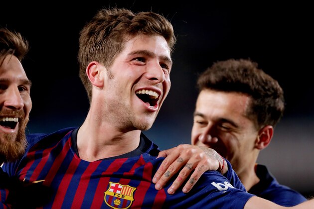 BARCELONA, SPAIN - JANUARY 30: Lionel Messi of FC Barcelona, Sergi Roberto of FC Barcelona celebrates during the Spanish Copa del Rey  match between FC Barcelona v Sevilla at the Camp Nou on January 30, 2019 in Barcelona Spain (Photo by Jeroen Meuwsen/Soccrates/Getty Images)