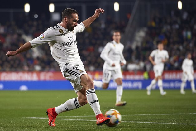 GIRONA, SPAIN - JANUARY 31: Daniel Carvajal of Real Madrid in action during the Copa del Rey Quarter Final second leg match between Girona FC and Real Madrid at Montilivi Stadium on January 31, 2019 in Girona, Spain. (Photo by Quality Sport Images/Getty Images)