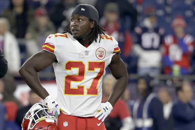 Kansas City Chiefs running back Kareem Hunt warms up before an NFL football game against the New England Patriots, Sunday, Oct. 14, 2018, in Foxborough, Mass. (AP Photo/Steven Senne)