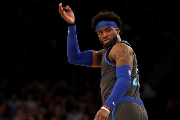 NEW YORK, NEW YORK - JANUARY 30:   Wesley Matthews #23 of the Dallas Mavericks celebrates his three point shot in the first quarter against the New York Knicks at Madison Square Garden on January 30, 2019 in New York City.NOTE TO USER: User expressly acknowledges and agrees that, by downloading and or using this photograph, User is consenting to the terms and conditions of the Getty Images License Agreement.  (Photo by Elsa/Getty Images)