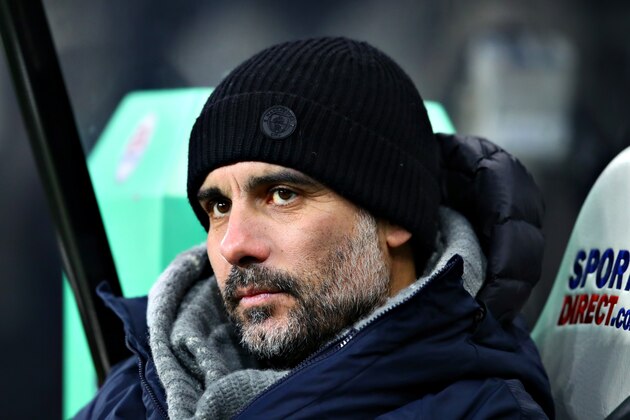 NEWCASTLE UPON TYNE, ENGLAND - JANUARY 29:  Manchester City manager Josep Guardiola looks on during the Premier League match between Newcastle United and Manchester City at St. James Park on January 29, 2019 in Newcastle upon Tyne, United Kingdom. (Photo by Chris Brunskill/Fantasista/Getty Images)