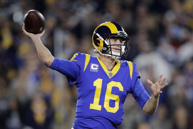 Los Angeles Rams quarterback Jared Goff passes against the Dallas Cowboys during the first half in an NFL divisional football playoff game Saturday, Jan. 12, 2019, in Los Angeles. (AP Photo/Jae C. Hong)