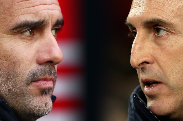 FILE PHOTO (EDITORS NOTE: COMPOSITE OF IMAGES - Image numbers 1089388290,1072868284 - GRADIENT ADDED) In this composite image a comparison has been made between Pep Guardiola, manager of Manchester City (L) and Arsenal manager Unai Emery.  Manchester City and Arsenal meet in a Premier League  match on February 3, 2019 in Manchester, England.  ***LEFT IMAGE*** SOUTHAMPTON, ENGLAND - DECEMBER 30: Pep Guardiola, manager of Manchester City looks on before the Premier League match between Southampton FC and Manchester City at St Mary's Stadium on December 30, 2018 in Southampton, United Kingdom. (Photo by Dan Istitene/Getty Images) ***RIGHT IMAGE*** LONDON, ENGLAND - DECEMBER 13: Arsenal manager Unai Emery looks on ahead of the UEFA Europa League Group E match between Arsenal and Qarabag FK at Emirates Stadium on December 13, 2018 in London, United Kingdom. (Photo by Marc Atkins/Getty Images)