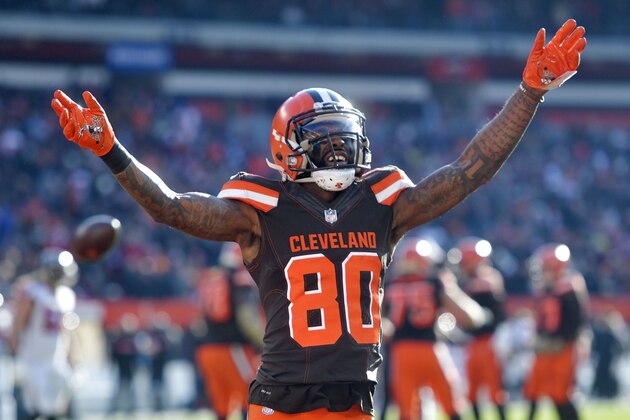 Cleveland Browns wide receiver Jarvis Landry reacts in the second half of an NFL football game against the Atlanta Falcons, Sunday, Nov. 11, 2018, in Cleveland. (AP Photo/David Richard)