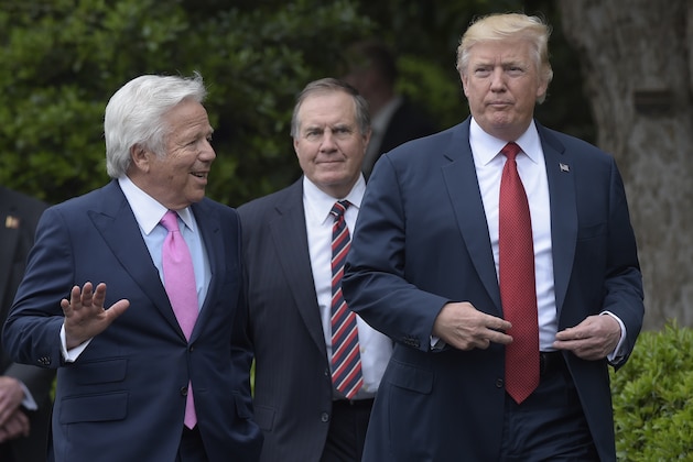President Donald Trump talks with New England Patriots owner Robert Kraft, left, followed by head coach Bill Belichick as they arrive for a ceremony on the South Lawn of the White House in Washington, Wednesday, April 19, 2017, where the president honored the Super Bowl Champion New England Patriots for their Super Bowl LI victory. (AP Photo/Susan Walsh)