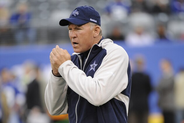 Dallas Cowboys quarterback coach Wade Wilson looks on before an NFL football game between the New York Giants and the Dallas Cowboys at New Meadowlands Stadium Sunday, Nov. 14, 2010, in East Rutherford, N.J.  (AP Photo/Bill Kostroun)
