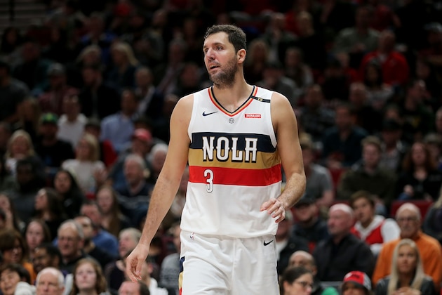 PORTLAND, OR - JANUARY 18:  Nikola Mirotic #3 of the New Orleans Pelicans reacts against the Portland Trail Blazers in the third quarter during their game at Moda Center on January 18, 2019 in Portland, Oregon. NOTE TO USER: User expressly acknowledges and agrees that, by downloading and or using this photograph, User is consenting to the terms and conditions of the Getty Images License Agreement.  (Photo by Abbie Parr/Getty Images)