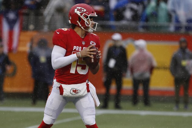 AFC quarterback Patrick Mahomes (15), of the Kansas City Chiefs, during the first half of the NFL Pro Bowl football game Sunday, Jan. 27, 2019, in Orlando, Fla. (AP Photo/Mark LoMoglio)