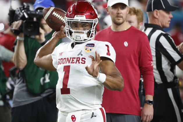 Oklahoma quarterback Kyler Murray (1) warms up, before the Orange Bowl NCAA college football game against Alabama, Saturday, Dec. 29, 2018, in Miami Gardens, Fla. (AP Photo/Wilfredo Lee)