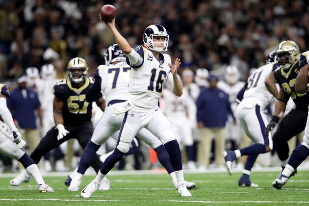 NEW ORLEANS, LOUISIANA - JANUARY 20: Jared Goff #16 of the Los Angeles Rams throws a pass against the New Orleans Saints during the third quarter in the NFC Championship game at the Mercedes-Benz Superdome on January 20, 2019 in New Orleans, Louisiana. (Photo by Jonathan Bachman/Getty Images)
