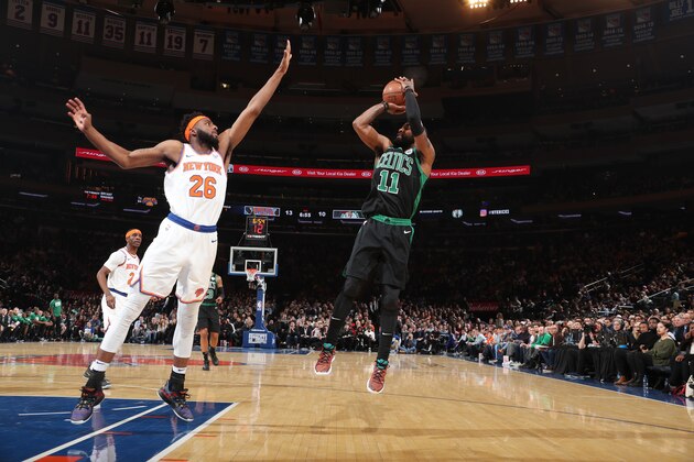 NEW YORK, NY FEBRUARY 1:  Kyrie Irving #11 of the Boston Celtics shoots the ball against the New York Knicks on February 1, 2019 at Madison Square Garden in New York City, New York.  NOTE TO USER: User expressly acknowledges and agrees that, by downloading and or using this photograph, User is consenting to the terms and conditions of the Getty Images License Agreement. Mandatory Copyright Notice: Copyright 2019 NBAE  (Photo by Nathaniel S. Butler/NBAE via Getty Images)