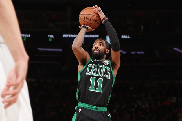 NEW YORK, NY FEBRUARY 1:  Kyrie Irving #11 of the Boston Celtics shoots the ball against the New York Knicks on February 1, 2019 at Madison Square Garden in New York City, New York.  NOTE TO USER: User expressly acknowledges and agrees that, by downloading and or using this photograph, User is consenting to the terms and conditions of the Getty Images License Agreement. Mandatory Copyright Notice: Copyright 2019 NBAE  (Photo by Nathaniel S. Butler/NBAE via Getty Images)