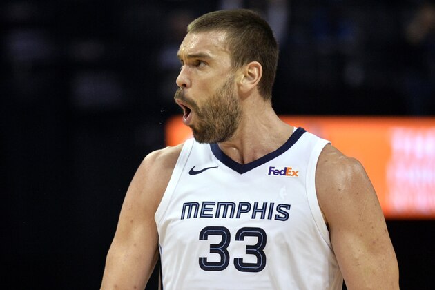 Memphis Grizzlies center Marc Gasol (33) reacts after scoring in the first half of an NBA basketball game against the Denver Nuggets Monday, Jan. 28, 2019, in Memphis, Tenn. (AP Photo/Brandon Dill) Memphis Grizzlies center Marc Gasol (33) reacts after scoring in the first half of an NBA basketball game against the Denver Nuggets Monday, Jan. 28, 2019, in Memphis, Tenn. (AP Photo/Brandon Dill)