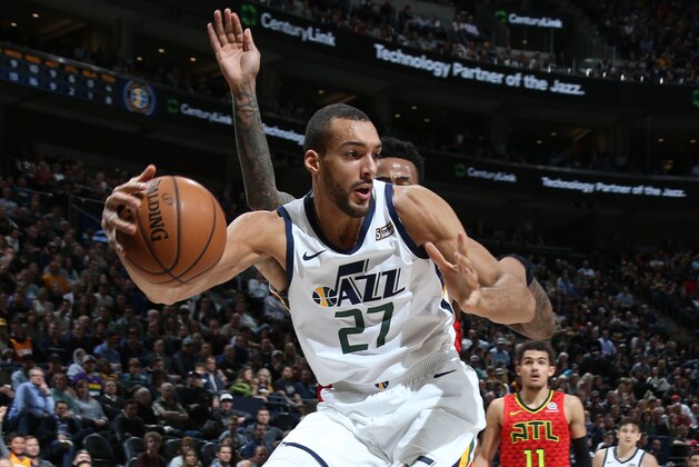 SALT LAKE CITY, UT - FEBRUARY 1: Rudy Gobert #27 of the Utah Jazz drives to the basket against the Atlanta Hawks on February 1, 2019 at vivint.SmartHome Arena in Salt Lake City, Utah. NOTE TO USER: User expressly acknowledges and agrees that, by downloading and or using this Photograph, User is consenting to the terms and conditions of the Getty Images License Agreement. Mandatory Copyright Notice: Copyright 2019 NBAE (Photo by Melissa Majchrzak/NBAE via Getty Images)