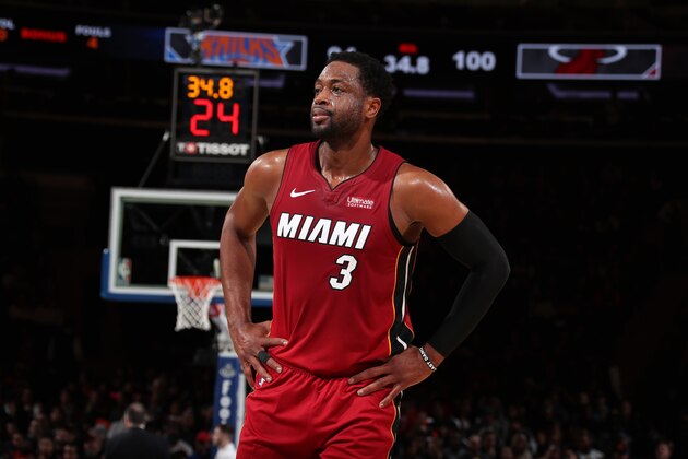 NEW YORK, NY - JANUARY 27: Dwyane Wade #3 of the Miami Heat looks on during the game against the New York Knicks on January 27, 2019 at Madison Square Garden in New York City, New York.  NOTE TO USER: User expressly acknowledges and agrees that, by downloading and or using this photograph, User is consenting to the terms and conditions of the Getty Images License Agreement. Mandatory Copyright Notice: Copyright 2019 NBAE  (Photo by Nathaniel S. Butler/NBAE via Getty Images)
