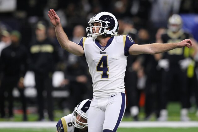 NEW ORLEANS, LOUISIANA - JANUARY 20:  Greg Zuerlein #4 of the Los Angeles Rams celebrates after kicking the game winning field goal in overtime against the New Orleans Saints in the NFC Championship game at the Mercedes-Benz Superdome on January 20, 2019 in New Orleans, Louisiana. The Los Angeles Rams defeated the New Orleans Saints with a score of 26 to 23. (Photo by Jonathan Bachman/Getty Images)