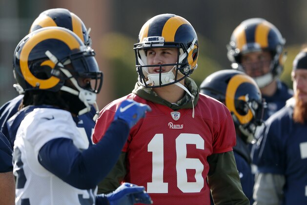 Los Angeles Rams quarterback Jared Goff (16) is shown during practice for the NFL Super Bowl 53 football game against the New England Patriots, Friday, Feb. 1, 2019, in Flowery Branch, Ga. (AP Photo/John Bazemore)