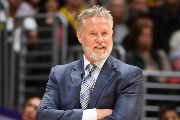 LOS ANGELES, CA - JANUARY 29:  Head Coach Brett Brown of the Philadelphia 76ers looks on during the game against the Los Angeles Lakers on January 21, 2019 at STAPLES Center in Los Angeles, California. NOTE TO USER: User expressly acknowledges and agrees that, by downloading and/or using this Photograph, user is consenting to the terms and conditions of the Getty Images License Agreement. Mandatory Copyright Notice: Copyright 2019 NBAE (Photo by Andrew D. Bernstein/NBAE via Getty Images)