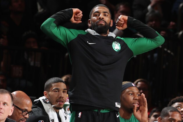 NEW YORK, NY FEBRUARY 1:  Kyrie Irving #11 of the Boston Celtics reacts against the New York Knicks on February 1, 2019 at Madison Square Garden in New York City, New York.  NOTE TO USER: User expressly acknowledges and agrees that, by downloading and or using this photograph, User is consenting to the terms and conditions of the Getty Images License Agreement. Mandatory Copyright Notice: Copyright 2019 NBAE  (Photo by Nathaniel S. Butler/NBAE via Getty Images)