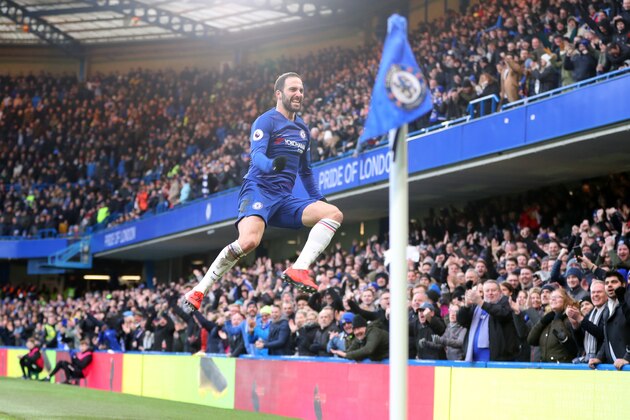 LONDON, ENGLAND - FEBRUARY 02:  Gonzalo Higuain of Chelsea celebrates after scoring his team's first goal during the Premier League match between Chelsea FC and Huddersfield Town at Stamford Bridge on February 2, 2019 in London, United Kingdom.  (Photo by Catherine Ivill/Getty Images)