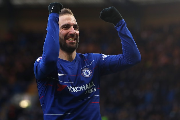 LONDON, ENGLAND - FEBRUARY 02: Gonzalo Higuain of Chelsea FC celebrates scoring his teams first goal during the Premier League match between Chelsea FC and Huddersfield Town at Stamford Bridge on February 2, 2019 in London, United Kingdom. (Photo by Chloe Knott - Danehouse/Getty Images)