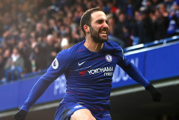 LONDON, ENGLAND - FEBRUARY 02: Gonzalo Higuain of Chelsea FC celebrates scoring his teams first goal during the Premier League match between Chelsea FC and Huddersfield Town at Stamford Bridge on February 2, 2019 in London, United Kingdom. (Photo by Chloe Knott - Danehouse/Getty Images)