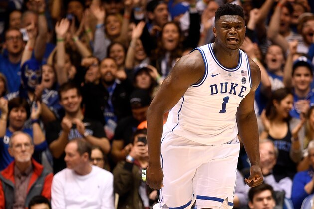 DURHAM, NORTH CAROLINA - FEBRUARY 02: Zion Williamson #1 of the Duke Blue Devils reacts after a dunk against the St. John's Red Storm during the first half of their game at Cameron Indoor Stadium on February 02, 2019 in Durham, North Carolina. (Photo by Grant Halverson/Getty Images)