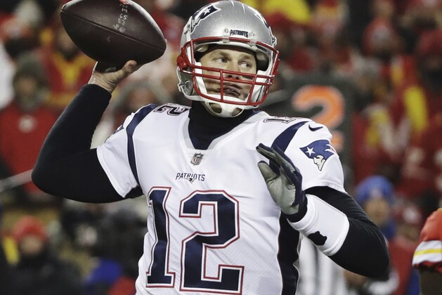 New England Patriots quarterback Tom Brady (12) throws a pass during the second half of the AFC Championship NFL football game against the Kansas City Chiefs, Sunday, Jan. 20, 2019, in Kansas City, Mo. (AP Photo/Elise Amendola)