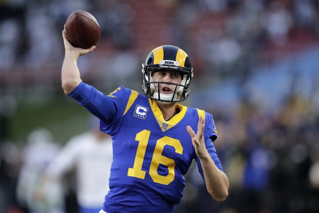 Los Angeles Rams quarterback Jared Goff warms up before an NFL divisional football playoff game against the Dallas Cowboys Saturday, Jan. 12, 2019, in Los Angeles. (AP Photo/Jae C. Hong)